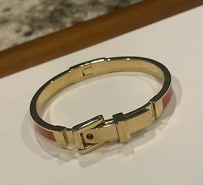 Signed Michael Kors Hinged Buckle Bangle Bracelet Gold Tone / Orange Enamel • $39.99