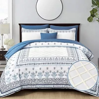 8 Pieces Boho King Size Comforter Set White Tufted Bedding Sets Blue Floral B... • $87.15