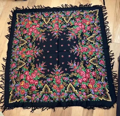 Floral Black Fringed Scarf Shawl Cover Up Womens Square Multi Color Wool? 57” Sq • $35.99