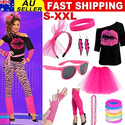 Ladies 80s Costume Set 1980s Party Girl T-shirt Rainbow Skirt Girls Fancy Dress • $35.99
