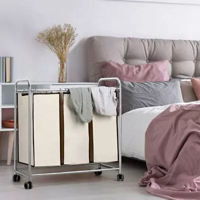 $33.90 • Buy Laundry Sorter Hamper Cart Rolling Heavy Duty W/3 Removable Bags Lockable Wheels