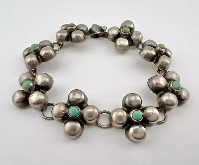 VTG 1940's MEXICAN TAXCO STERLING SILVER GREEN TURQUOISE FLOWER LINK BRACELET • $115