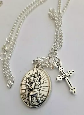 St. Saint Christopher Silver Pendant & Cross 50cm Shiny Silver Chain Necklace   • £4.75