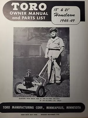 TORO 18 21 Homelawn Walk-Behind Gas Reel Lawn Mower Owner & Parts Manual 1946-49 • $84.84