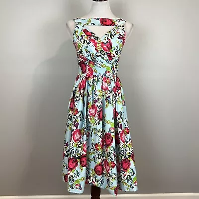 Unique Vintage Retro Swing Dress Pin Up Size Small Blue Floral With Pockets • $33