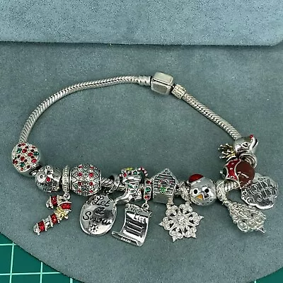 925 Sterling Silver Charm Bracelet Christmas Enamel 14 Charms Chamilia 20.5cm • £110