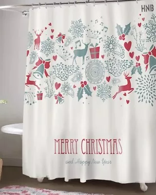Christmas Shower Curtain For Bathroom Decor Elk Theme 12 Hooks 72x72 Inches • $14.99