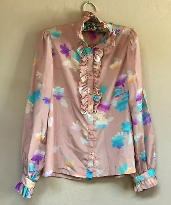 Vintage Helen Fabrikant Top Womens Button Front Floral Ruffle Shirt Size 8 Peach • $39.36