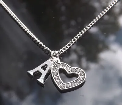 £2.99 • Buy Personalised Crystal Heart Silver Plated Initial Necklace Handmade With Pendant