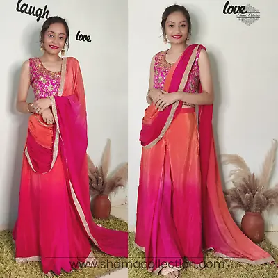 Indian Bollywood Manish Malhotra Inspired Stitched Saree-Pink-orange Ombre • $135