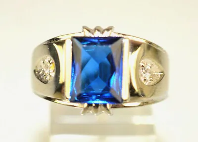 Vintage Mens 10k White Gold Simulated Blue Sapphire Faux Diamond Ring Size 11.5 • $375