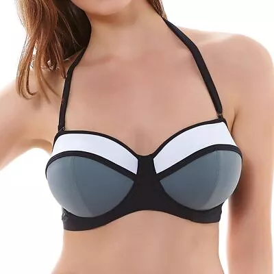 Freya Bondi Padded Multiway Bandeau/Halterneck Bikini Top Black/Grey 3963 • £16.95