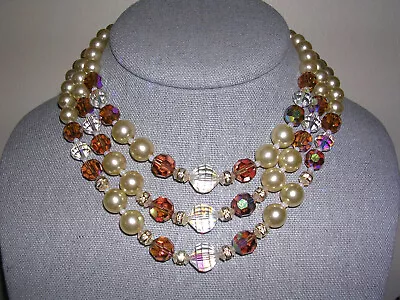 Vendome Vintage Amber & Clear Aurora Borealis Faux Pearls 3 Strand Bead Necklace • $27