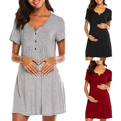 $24.24 • Buy Women's Nursing Maternity Nightshirts Breastfeeding Clothes Short Sleeve Dress