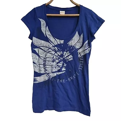 Vintage Diesel Women Blue T Shirt Only The Brave Print Sequins Embellished Sz S • $35