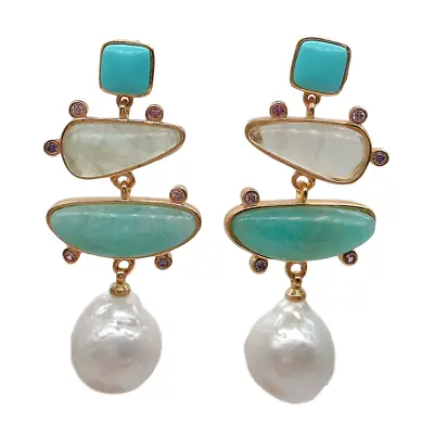 Freshwater White Pearl Blue Turquoise Green Amazonite Dangle Stud Earrings • $18