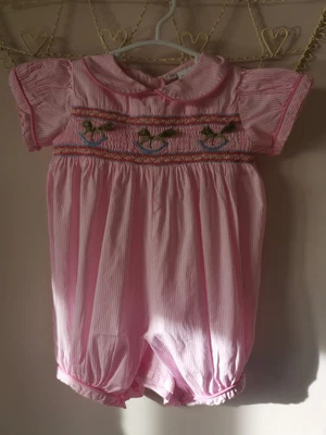 £12.99 • Buy Rachel Riley Pink Stripe Smocked Rocking Horse Romper Age 18 Months