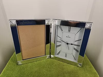 NIB BULOVA Picture Frame Clock Chrome Black White Face 8.5  Tall 5x7 Photo Works • $19.99