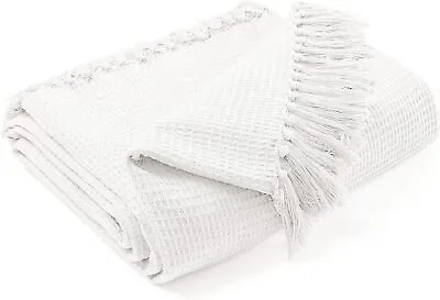 Single/Large/King Size Waffle Cotton Throw Sofa/Bed/Armchair Throw Blanket Ivory • £14.99