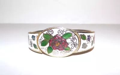 Chinese Cloisonne Bracelet Hinged Cuff Gold Tone White Enamel Floral Rose VTG • $16.99