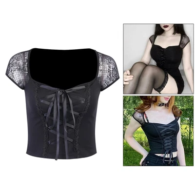 £7.54 • Buy Vintage Tops Goth T-shirt Women Sexy Bandage Lace T-shirts Gothic M