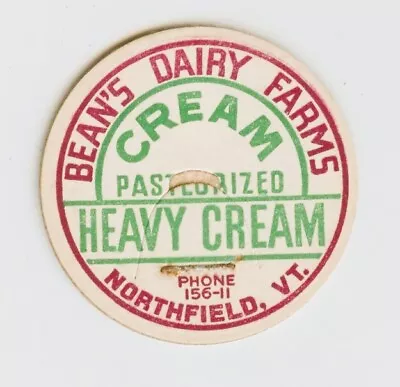 Bean's Dairy Farms. Beans. NORTHFIELD Vermont Vt. Heavy Cream MILK Bottle CAP • $9.95