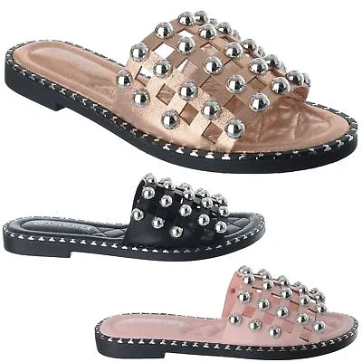 Womens Ladies Caged Cut Out Flat Heel Studded Sliders Mules Sandals Shoes Size • £15.95