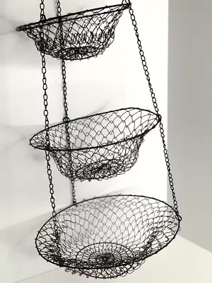 Vintage 3 Tier Black Wire Hanging Farmhouse Kitchen Basket 32  Long • $16.99