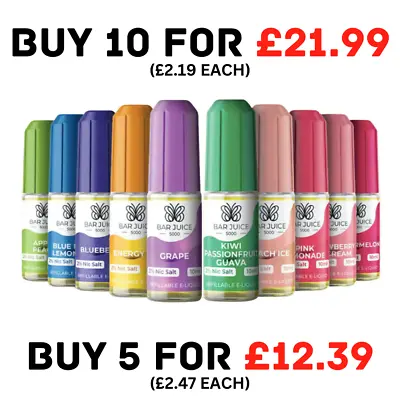 Nic Salts E Liquid Bar 5000 50/50 Vape Juice 10ml Flavours 10mg 20mg Strengths • £3.49