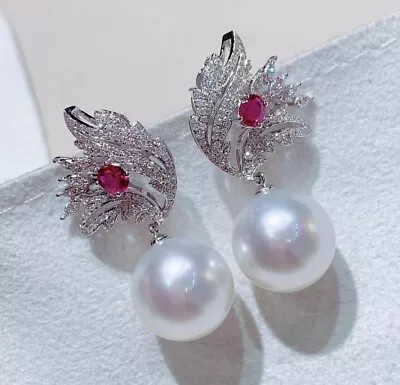 18ct White Gold Stunning Natural Pearl Ruby And Diamond Estate Earrings VS • £3450