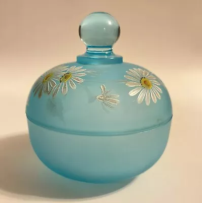 Vtg Westmoreland Blue Mist Glass Hand Painted Daisies Powder Jar / Trinket Dish • $14