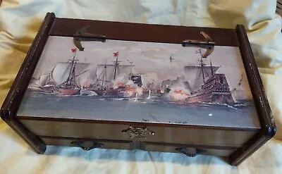 Vintage Wooden Nautical Clipper Pirate Ships Chest Jewelry Trinkets Box • $24