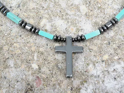 Men’s Women’s Magnetic Therapy Hematite Holy 2 Sided Cross Necklace Turquoise • $46.54