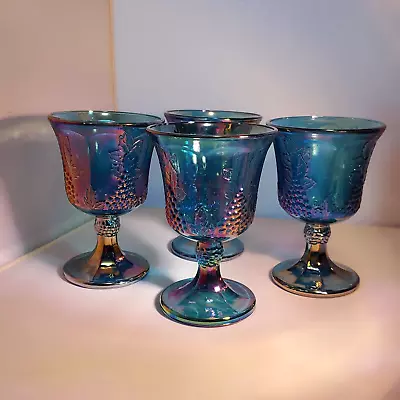 Set Of 4 Vintage Indiana Glass Harvest Carnival Blue Water Goblets Grapes 1970's • $38.25