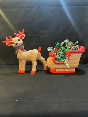 Vintage Kimple 2pc Hand Painted Ceramic Christmas Reindeer & Santa Sleigh Mint! • $22