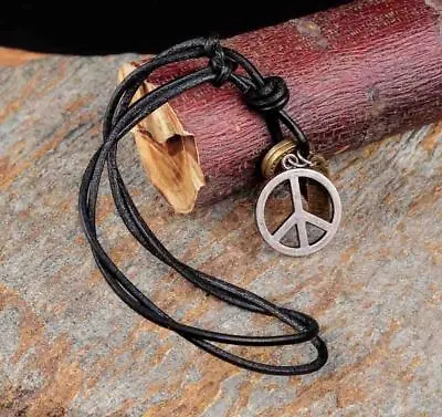 PN45 Cool Mens Surfer Beach Genuine Black Leather Choker Necklace Peace Pendant • $7.25