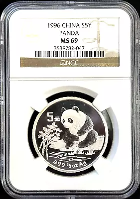 1996 China 5y Silver Panda 1/2 Oz Ngc Ms69 - No Reserve • $50