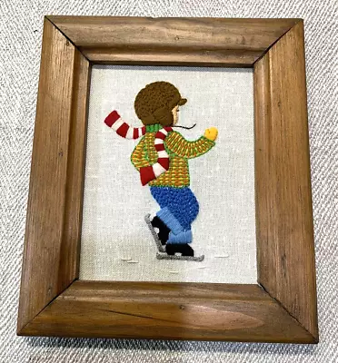 Vintage Hand Embroidered Picture Skating Boy Whimsical Country Cottage Core • $15.99