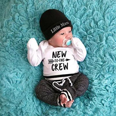 Newborn Baby Boy Clothes Letter Print Romper Tops +Long Pants+Hat 3PCS Outfit F1 • $27.42