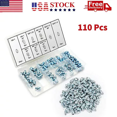 110 Piece Hydraulic Grease Zerk Fitting METRIC Kit -Straight 90 Degree 45 Degree • $13.29