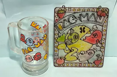 Vintage 1980's Pac-Man Glass Mug (Houze/Midway) & Hanging Window Plastic Sign • $13.49