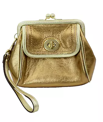 Vintage COACH Bronze Gold Leather Kisslock Wristlet Clutch Mini Purse ~ NEW • $74