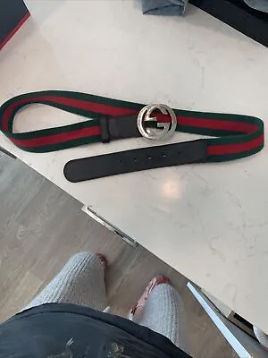 Authentic Gucci Web Canvas Belt With G Buckle. Black Leather Size 100.4 34” • $250