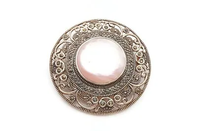 Vintage Sterling Silver 925 Pink Mother Of Pearl Marcasite Brooch Pin • $33.99