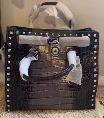 Brand New Michael Kors Large Hamilton Grey/ Black Leather Bag Snakeskin Print • $350