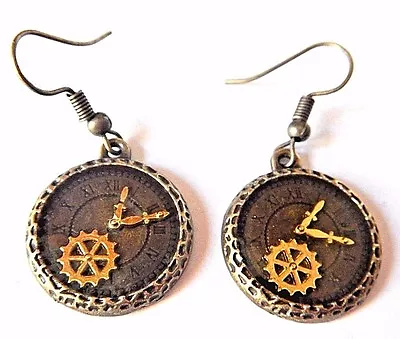 HYPOALLERGENIC BRONZE CLOCK FACE EARRINGS Steampunk Gear Cog Gold Epoxy Hook 4C • $6.99