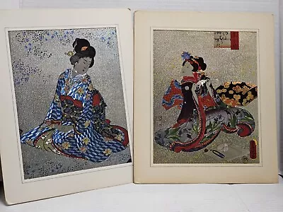 2 Vintage Japanese Asian Foil Art Pictures 12x10 • $10