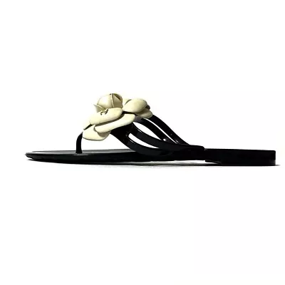 Auth CHANEL - Black Cream Rubber Women's Sandals • $206