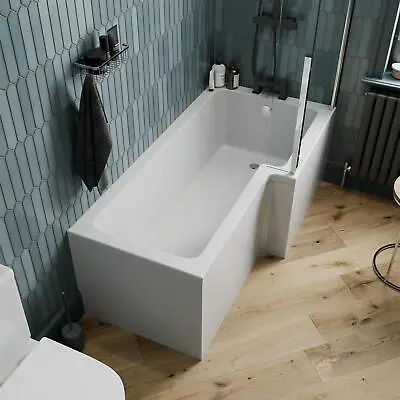 L Shaped Shower Bath Right Hand Glass Shower Screen Panel Acrylic Bathtub 1700mm • £389
