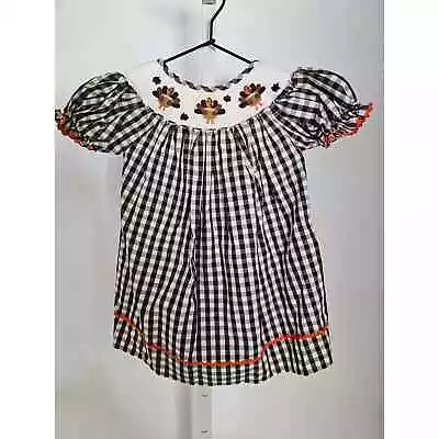 Five Little Monkeys Baby Girls Sz 12M Smocked Dress Thanksgiving Turkey • $18